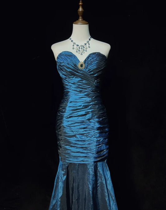 Vintage 1980s Prom Dresses Mermaid Sweetheart Navy Blue Taffeta Long Formal Party Dress N2575
