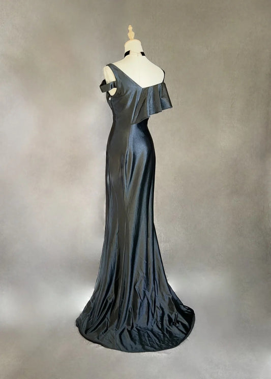 Vintage Prom Dresses Mermaid Spaghetti Strap Black Tie Dress Sleeveless 1990s Long Formal Evening Gown N2637