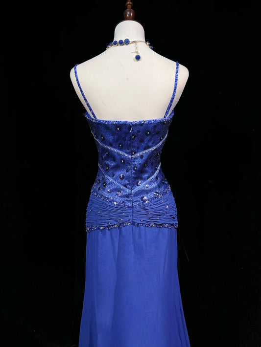 Vintage Prom Dresses 1960s Mermaid Spaghetti Strap Royal Blue With Beaded Cape Long Prom Gown N3118