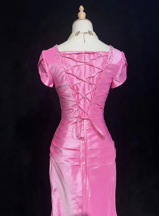 Vintage Prom Dresses Mermaid Square Neck Pink Satin With Ruffles Short Sleeves Long Formal Dress N2502