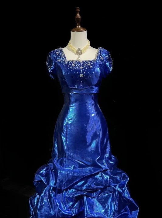 Vintage Prom Dresses 1960s Mermaid Square Neck Royal Blue Organza With Beaded Long Prom Gown N3116