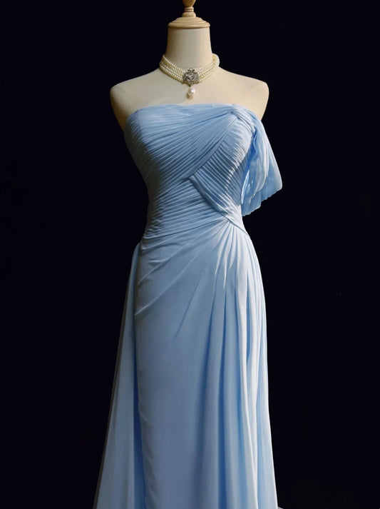 Vintage Prom Dresses Mermaid Off The Shoulder Light Blue 70s With Ruffles Chiffon Long Formal Party Dress N2517