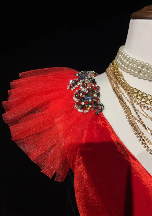 Vintage Prom Dresses A line V Neckline Red Sleeveless Tulle 1980s Long Formal Evening Gown N2629