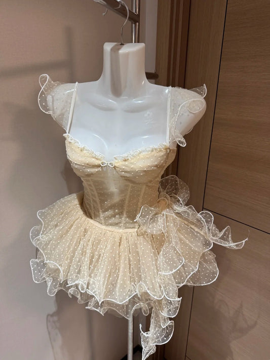 Cute Ball Gown Sweetheart Tulle Champagne Night In Rio Polka Dots Inspo Hoco Dress Ideas Homecoming Dresses RB4030