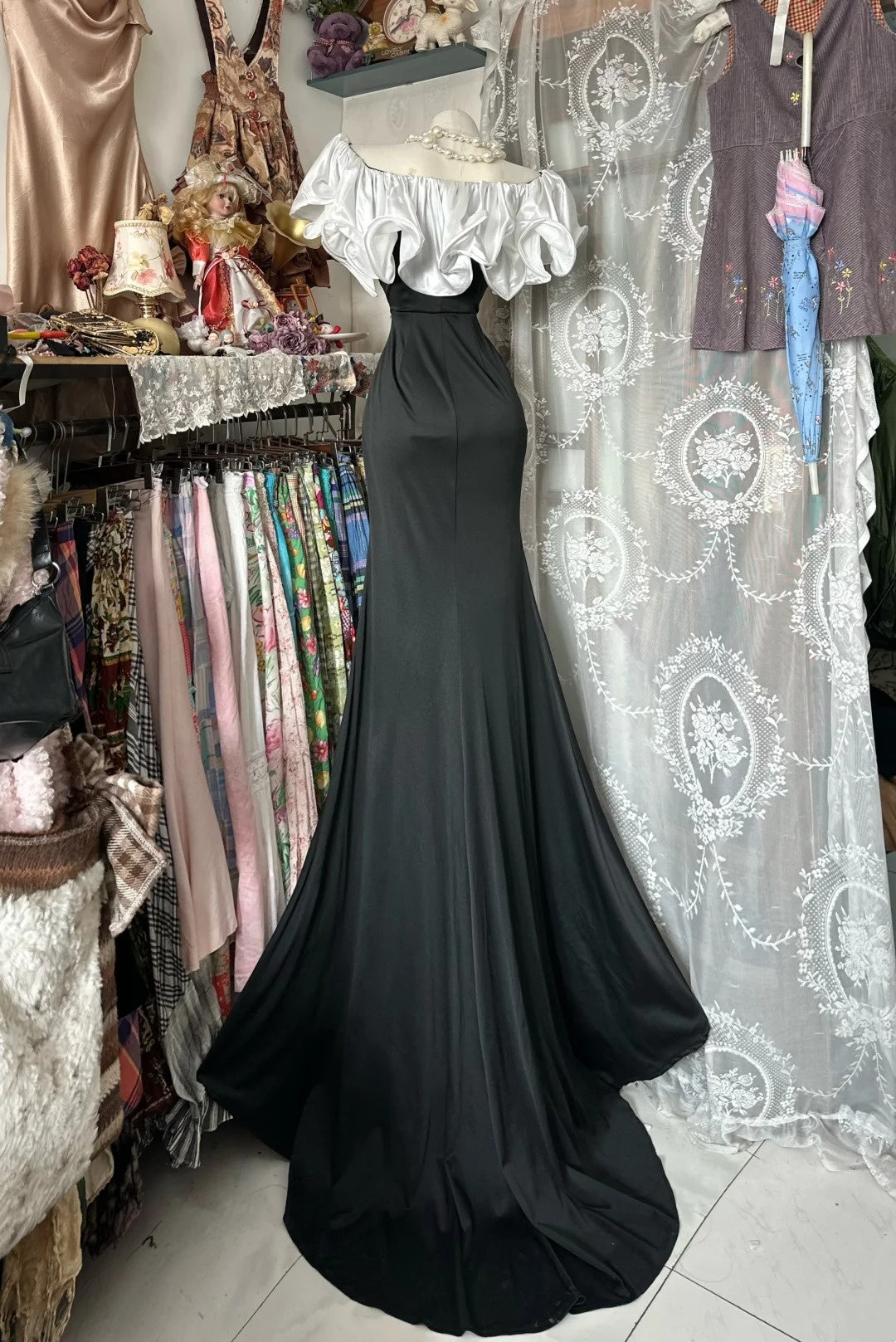 Robe de bal de fin d'année noire élégante à épaules dénudées et manches courtes, modèle N1278