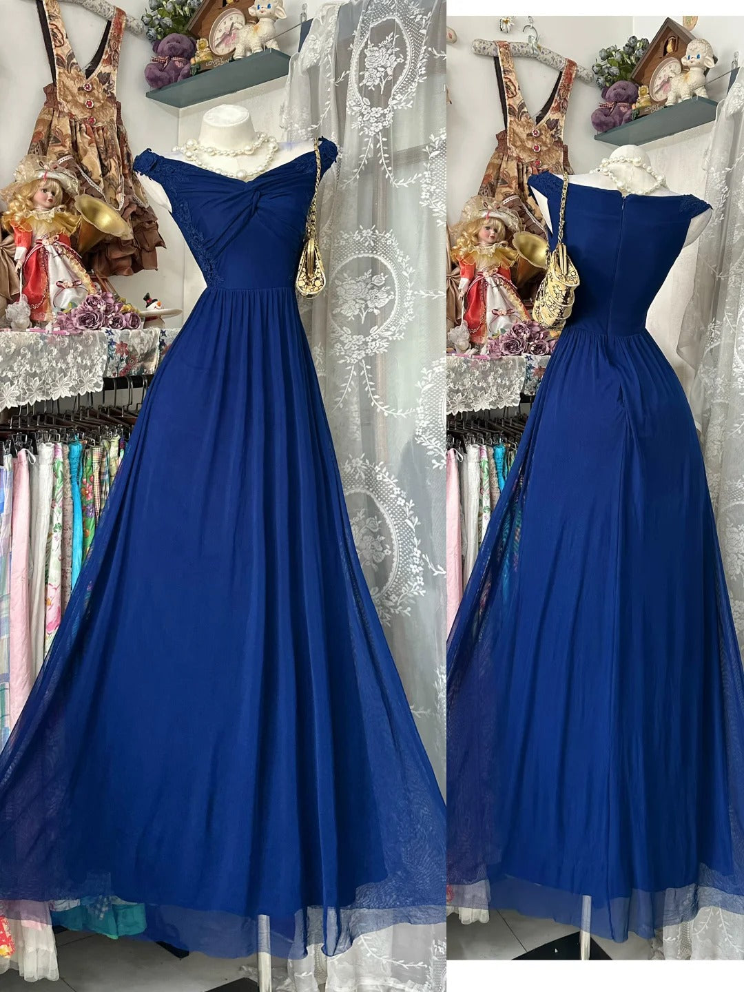 Flamboyant A line Off The Shoulder Chiffon Royal Blue Date Night Evening Outfit Formal Prom Dresses RB5288