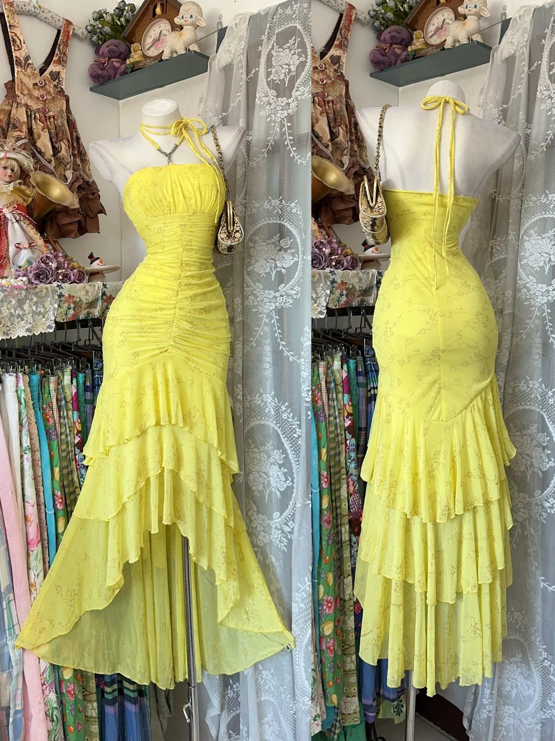 Vintage Mermaid Halter Yellow Chiffon With Layers Tiered Bodice Date Night Evening Outfit Formal Prom Dresses RB5280