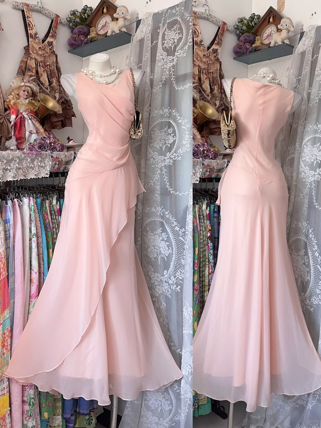 Vintage Mermaid Scoop Blush Pink Chiffon Date Night Evening Outfit Formal Prom Dresses RB5293