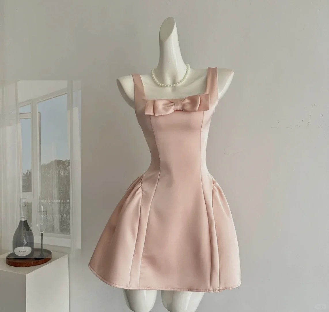 Elegant A line Square Neck Pink Satin Mini Short Cocktail Dress Homecoming Dresses Ideas Hoco Outfits RB4827