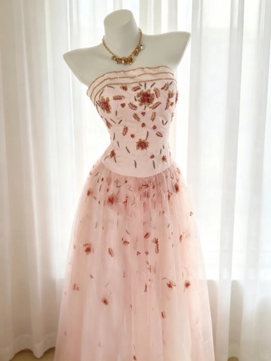 Vintage Prom Dresses A line Strapless Pink 80s With Beading Long Formal Evening Outfits N4206