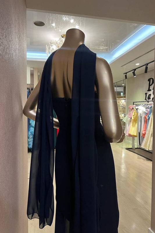 Robe de soirée sirène bustier bleu marine élégante avec écharpe, idéale pour l'hiver, les bals de promo et les dîners. Robe de cocktail longue pour femme (AB2024).