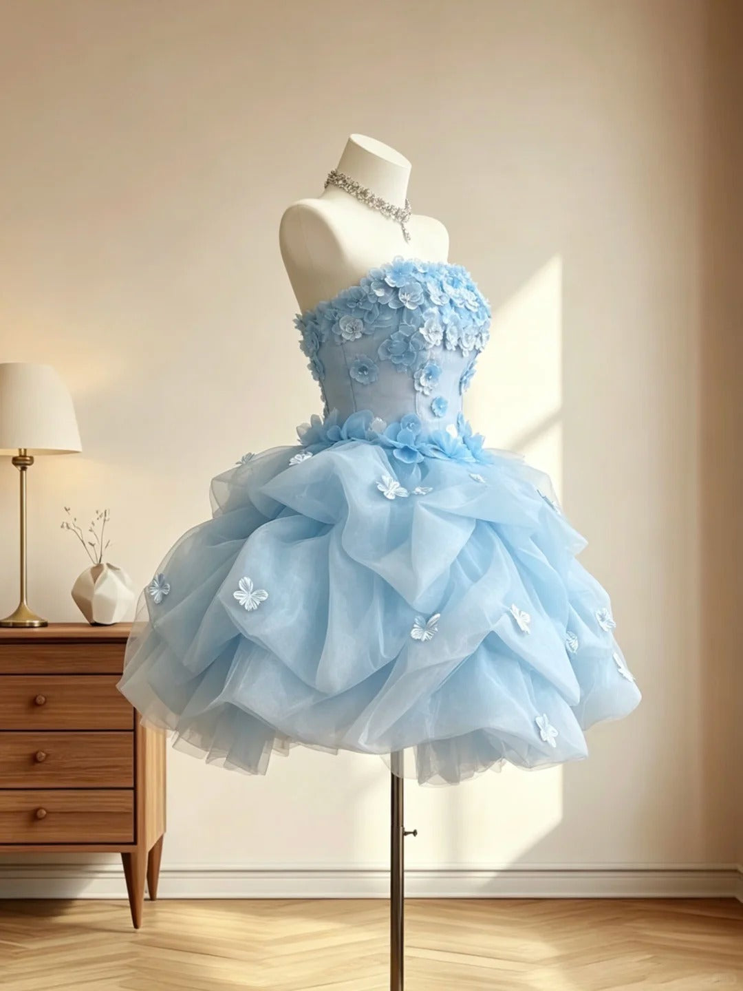 Elegantes Ballkleid trägerlos mit 3D-Blumen ärmellos blau Mini Senior Inspo Kurze Homecoming Kleider RB3067