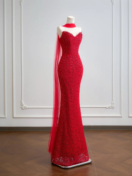 Robe de bal longue sirène romantique en dentelle rouge avec foulard, idéale pour un 18e anniversaire (N395)