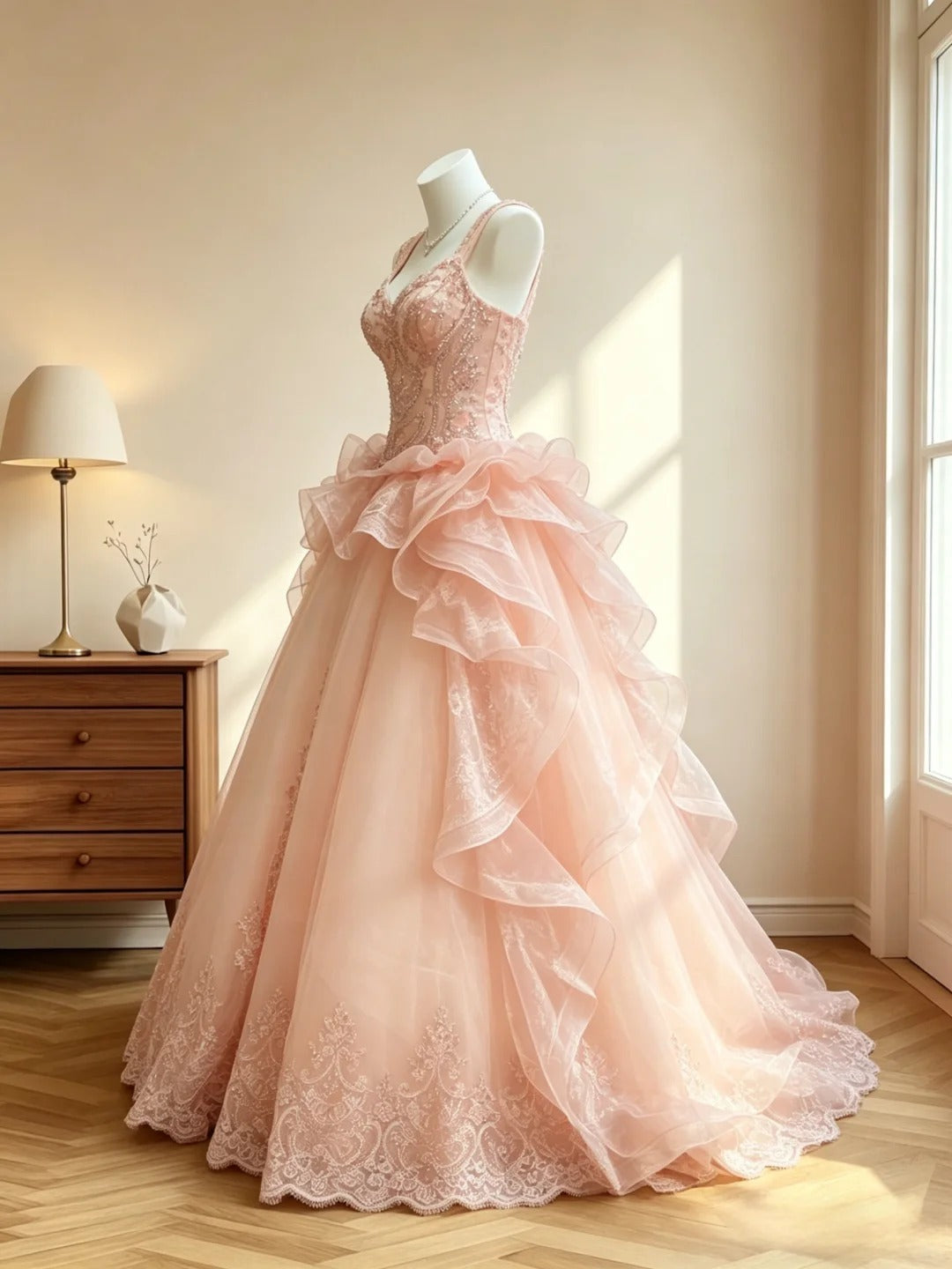 Bezauberndes Ballkleid, rosa Tüll, herzförmiger Ausschnitt, mit Applikationen, langes, ärmelloses Abendkleid RB3071