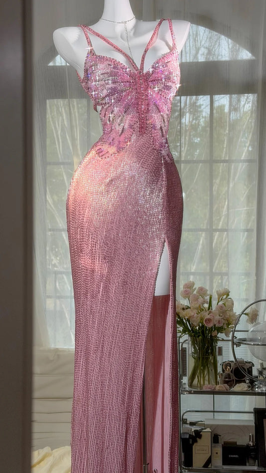 Elegant Prom Dresses Mermaid Spaghetti Strap Pink Sequin Slit Floor Length Formal Evening Outfits N3521
