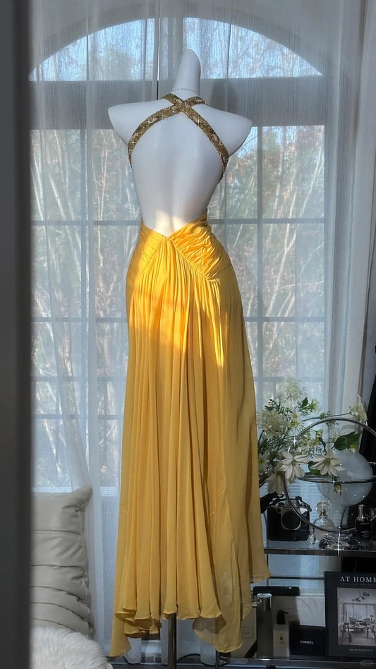 Modest Prom Dresses Mermaid Halter Yellow Backless Chiffon With Beading Long Evening Outfits N3550