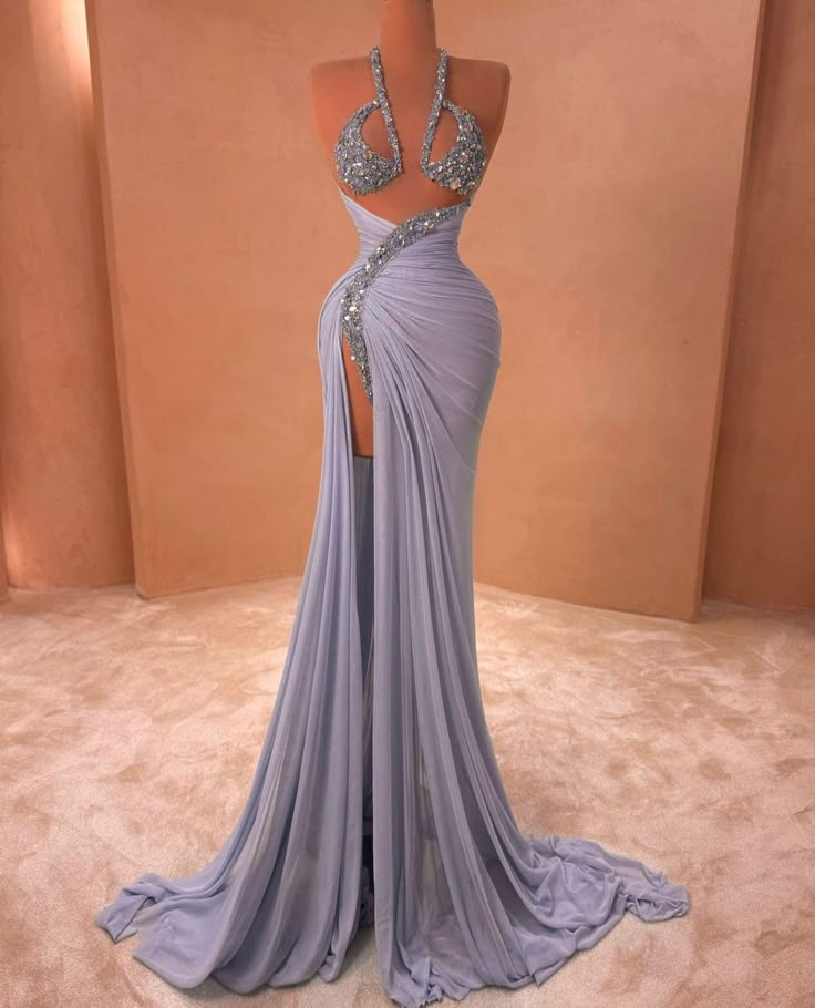 Sexy Meerjungfrauen-Halterkleid aus blauem Chiffon mit Schlitz, figurbetont, formell, elegant, für Damen, Abendkleid, Maxikleid, Ballkleid, ästhetisches Party-Outfit AB1197