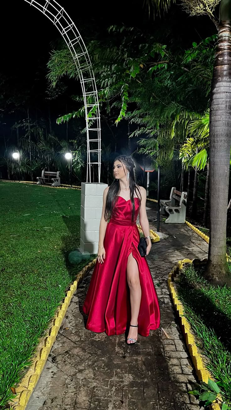 Attractive A line Sweetheart Red Slit Prom Dresses Senior Evening Dress Party Gowns AB362