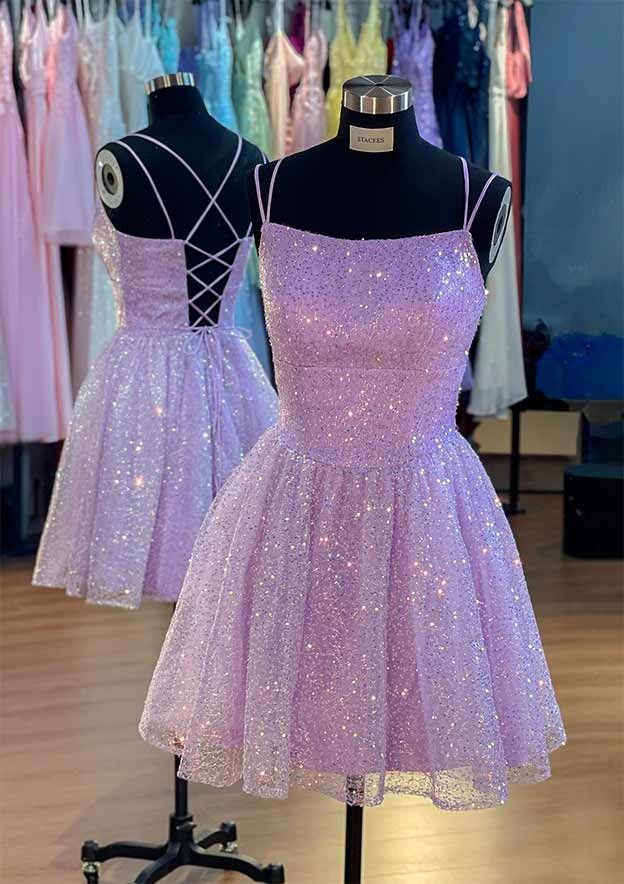 Sweet Ball Gown Spaghetti Strap Lilac Sleeveless Sequin Short Mini 16th Birthday Dresses Hoco Outfits N1907