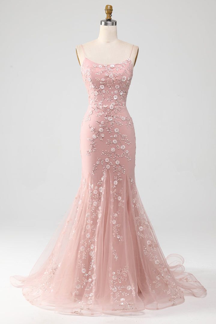 Robe de bal longue sirène rose poudré à fines bretelles et perles scintillantes (Vestidos De Dia AB526)