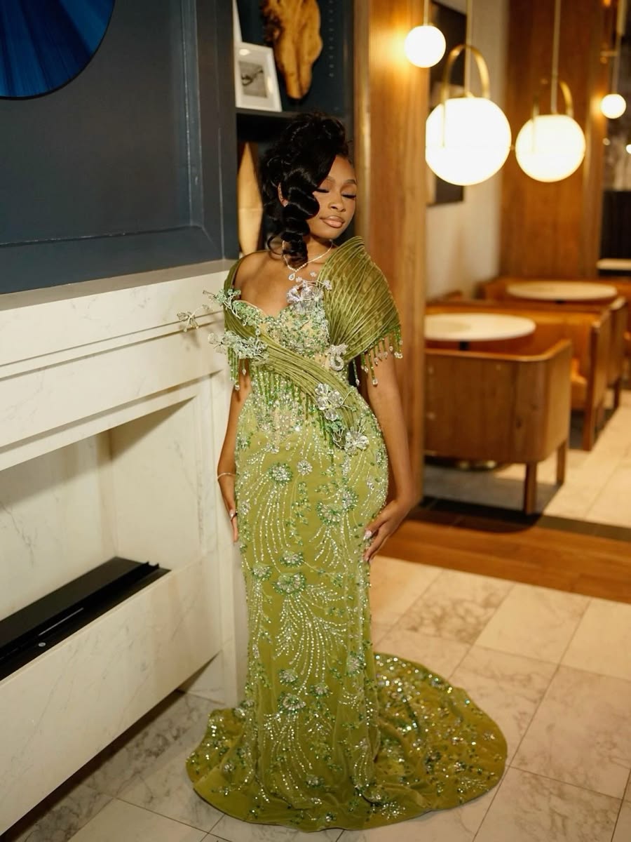 Robe de soirée longue élégante verte à sequins étincelants, coupe sirène moulante pour femme N4084