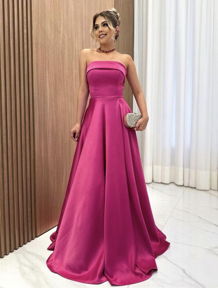 Hübsches, trägerloses, langes, rosafarbenes A-Linien-Abendkleid mit perlenbesetztem Oberteil, auch als formelles Kleid für Hochzeitsgäste oder als Partykleid geeignet (Modell N219).