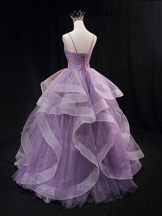 Purple Prom Dress Ball Gown Spaghetti Strap Tulle Sequin Long Formal Gown Evening Dresses For Teens Formal N038