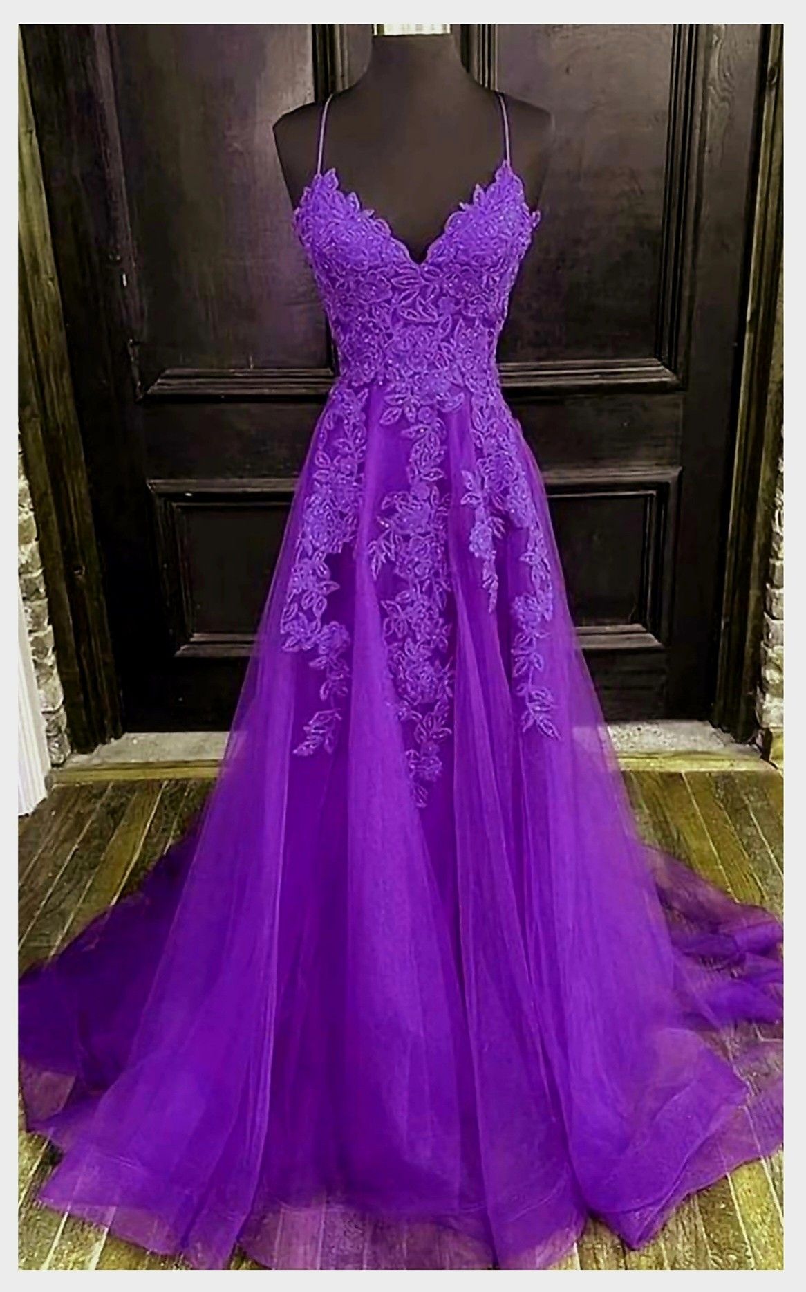 Vintage A-Linien-Abendkleid mit Spaghettiträgern, lila Spitze, lang, für Abschlussball, Schulabschlussfeier, N038