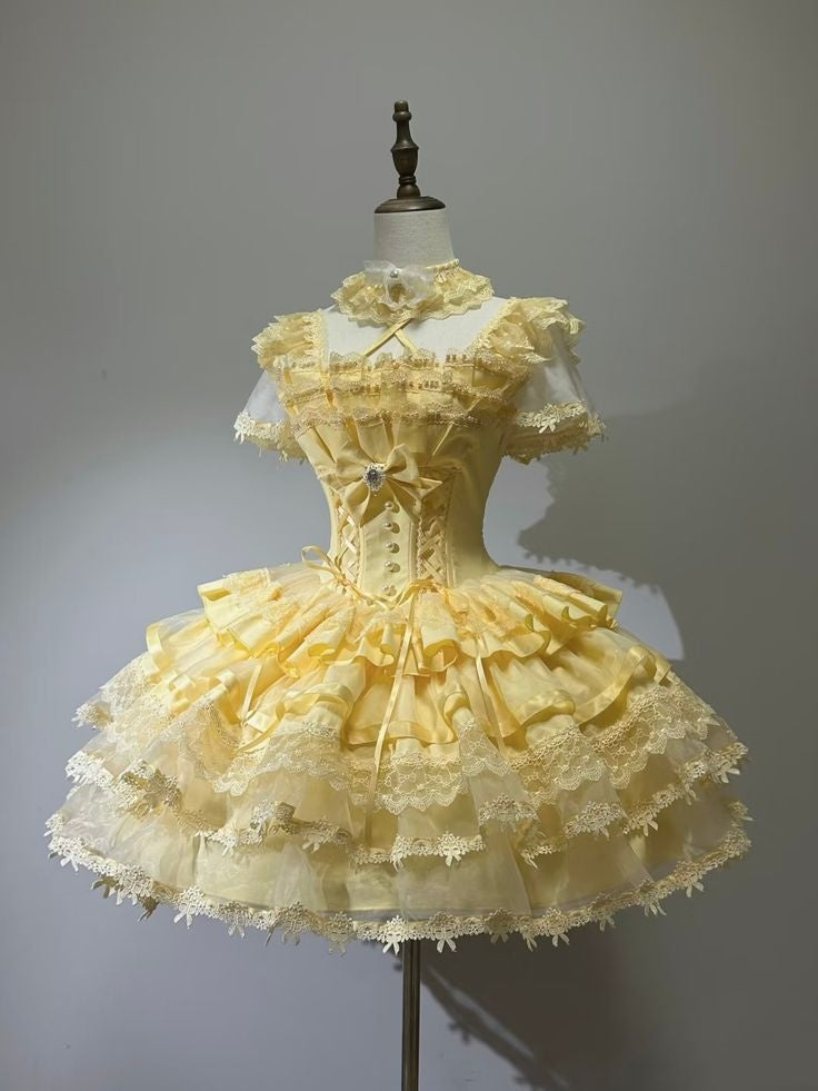 Cute Ball Gown Square Neck Yellow Lace Cocktail Dress Short Mini Homecoming Dresses RB6312