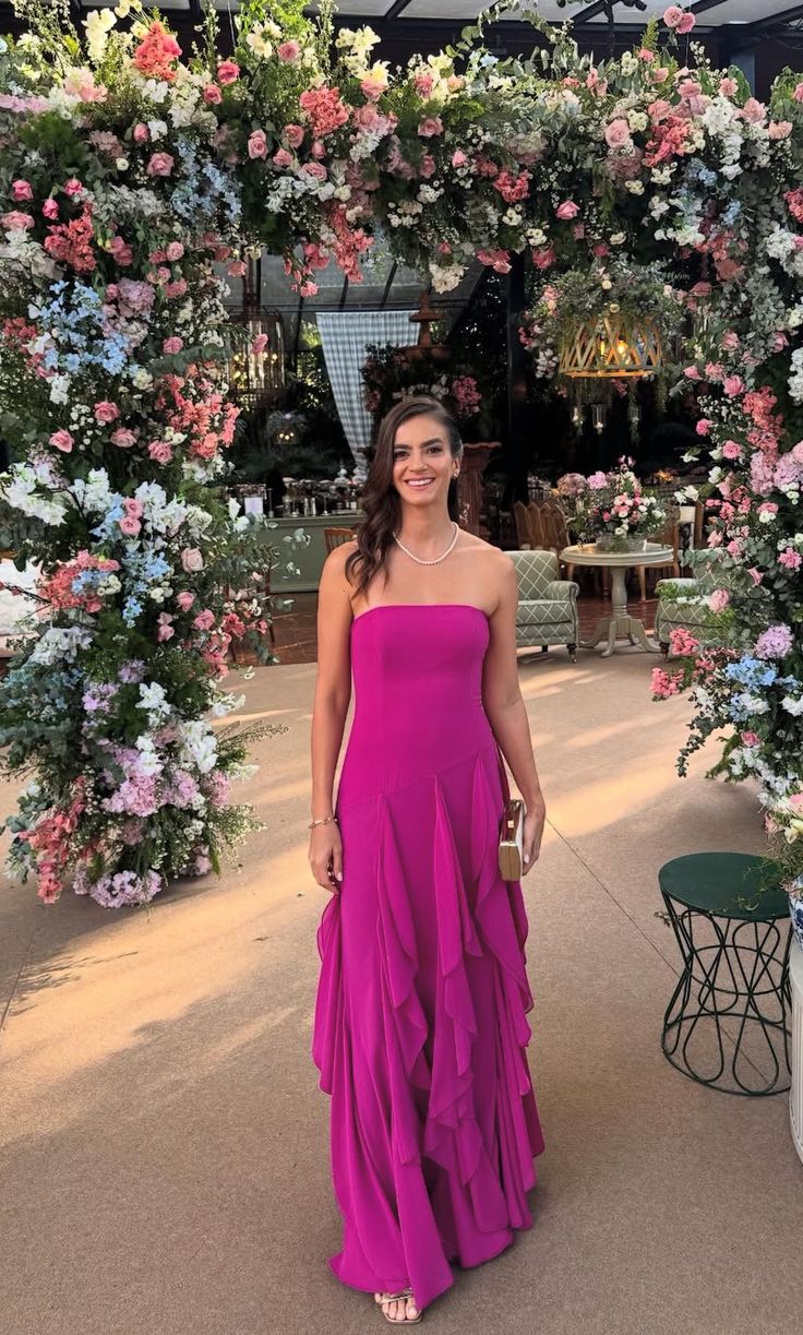 Magnifique robe de bal longue de soirée formelle, bustier sans manches, en mousseline fuchsia à plusieurs volants, coupe trapèze, AB386