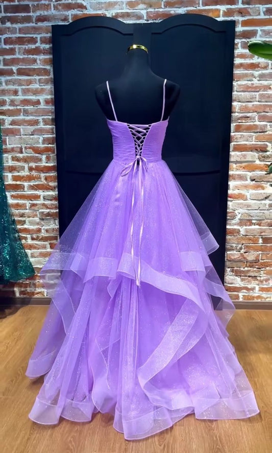 Sparkly Ball Gown Spaghetti Strap Lilac Tulle Long Prom Dresses Senior Graduation Dance Evening Outfits N040
