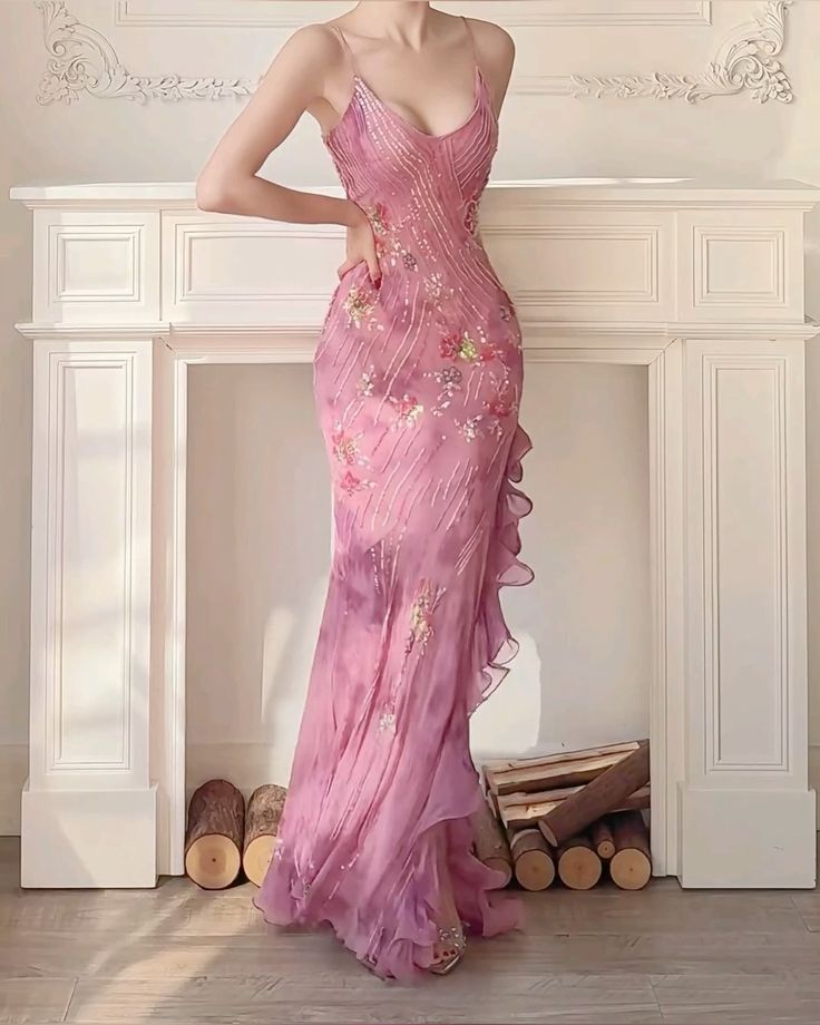 Robe de soirée longue sirène vintage des années 90, rose à fines bretelles et perles, robes de bal N2782