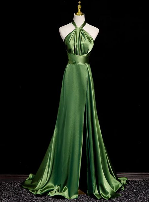 Einfaches, rückenfreies, langes A-Linien-Abendkleid aus olivgrünem Satin mit Neckholder, formelles Partykleid, Ballkleid AB1176