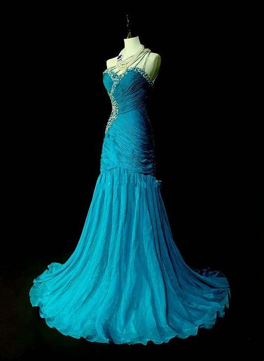 Vintage Meerjungfrauen-Abendkleid, schulterfrei, blau mit Perlenbesatz, 90er/2000er Jahre, langes formelles Kleid für die Oberstufe, N1300