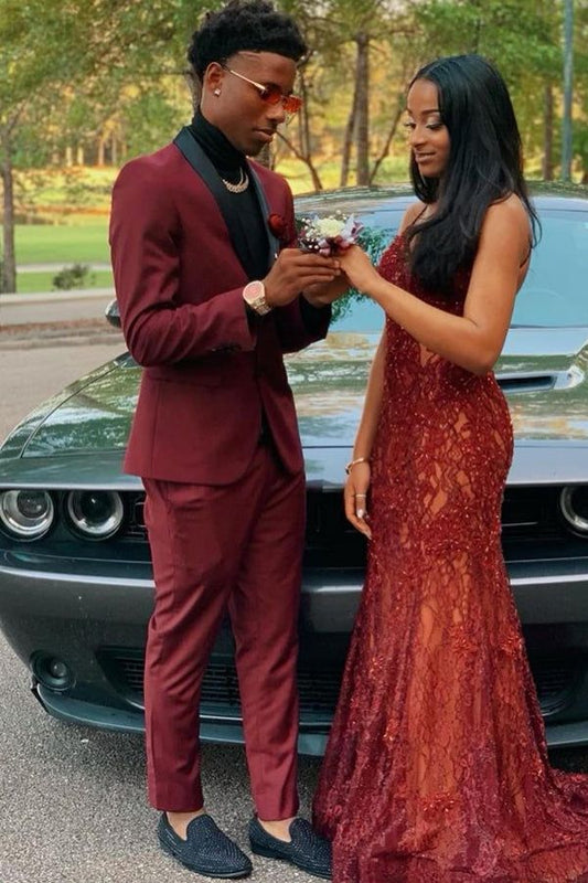Sexy Mermaid Spaghetti Straps Burgundy Lace Ruffled Prom Dresses Evening Gown AB1640