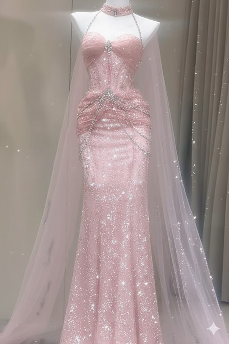Vintage Mermaid Halter Sequins Pink Long Prom Dresses For High School People Girls Formal Evening Party Gown N1014
