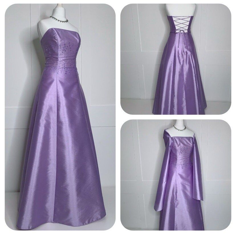 Robe longue de bal de promo en satin lilas, coupe droite, bustier, sans manches, avec cape, pour 21ème anniversaire N2413