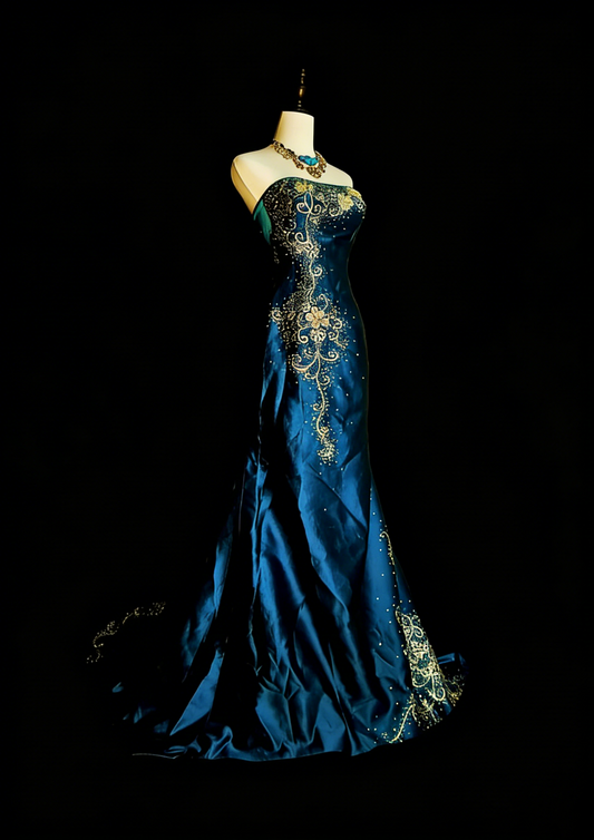 Robe de bal longue sirène vintage sans bretelles en satin vert foncé, style années 80, référence N1438