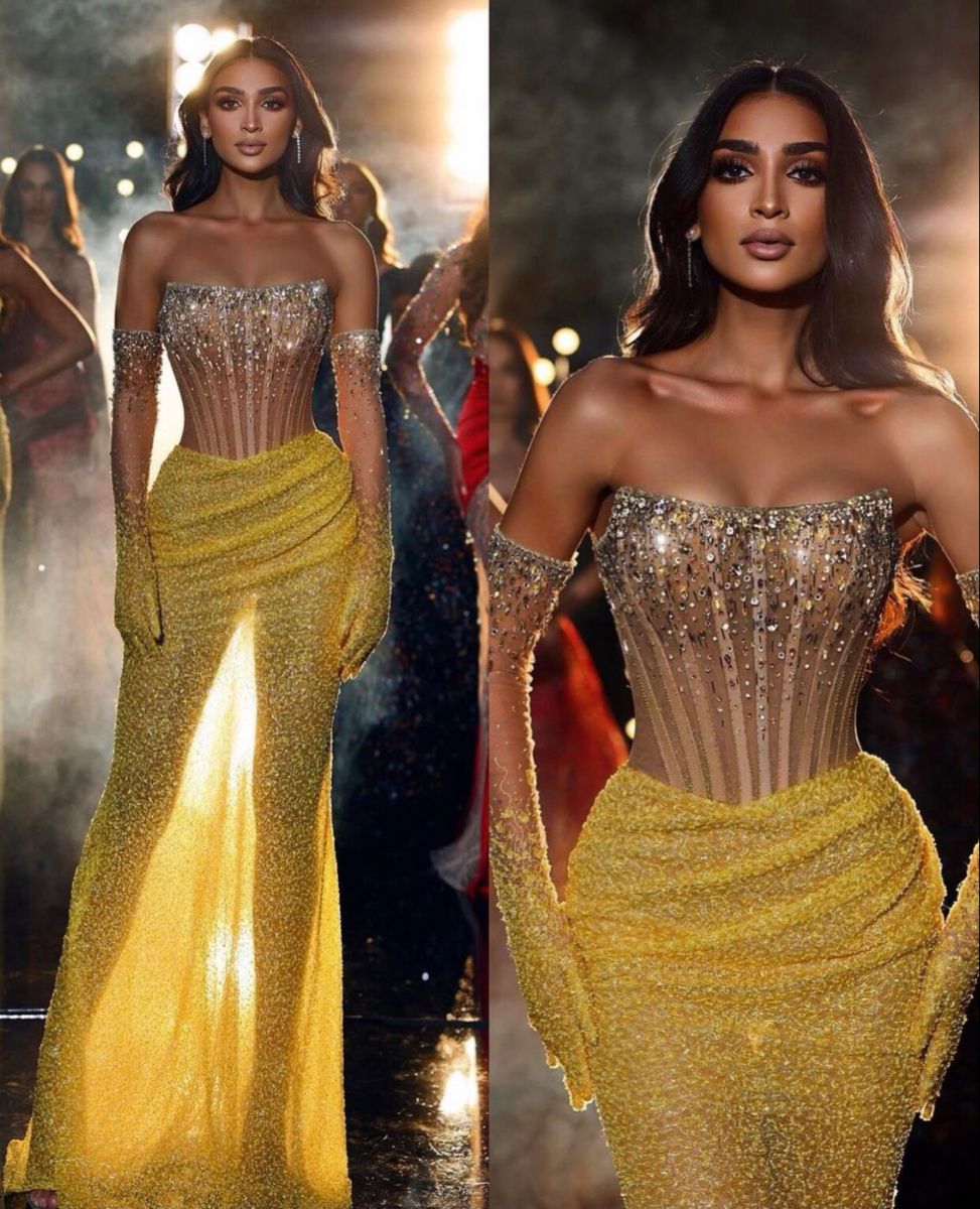 Robe de bal de fin d'année modeste, inspiration lycéenne, sirène, bustier, fente jaune, pour jeunes filles noires, robe longue semi-formelle pour adolescentes AB2006