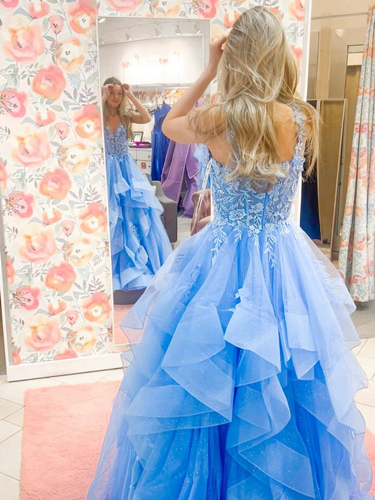 Unique Ball Gown Off The Shoulder Blue Lace Long Classy Beautiful Prom Dresses Inspiration Party Dress Birthday Outfit Graduation Dress RB1172