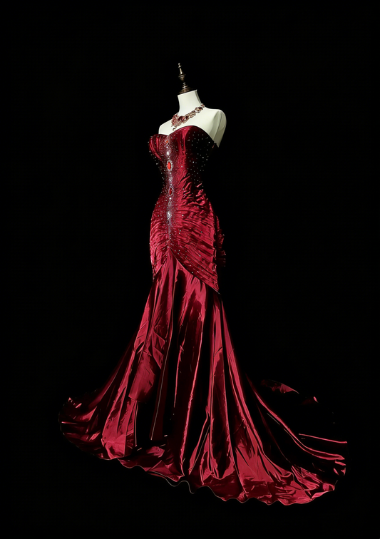 Robe de bal rétro sirène bustier cœur en satin bordeaux vin avec perles et sans manches, style années 70, robe de soirée longue et formelle N1493