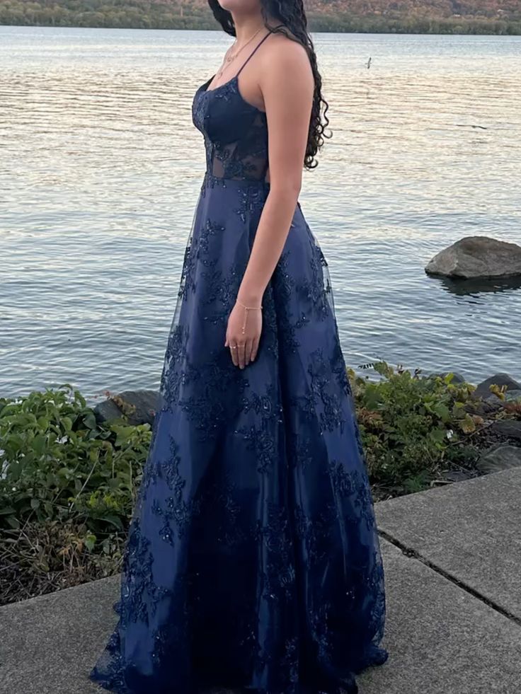 Modest A line Spaghetti Strap Navy Blue Lace Prom Dresses Long for Women Formal Evening Gown AB168