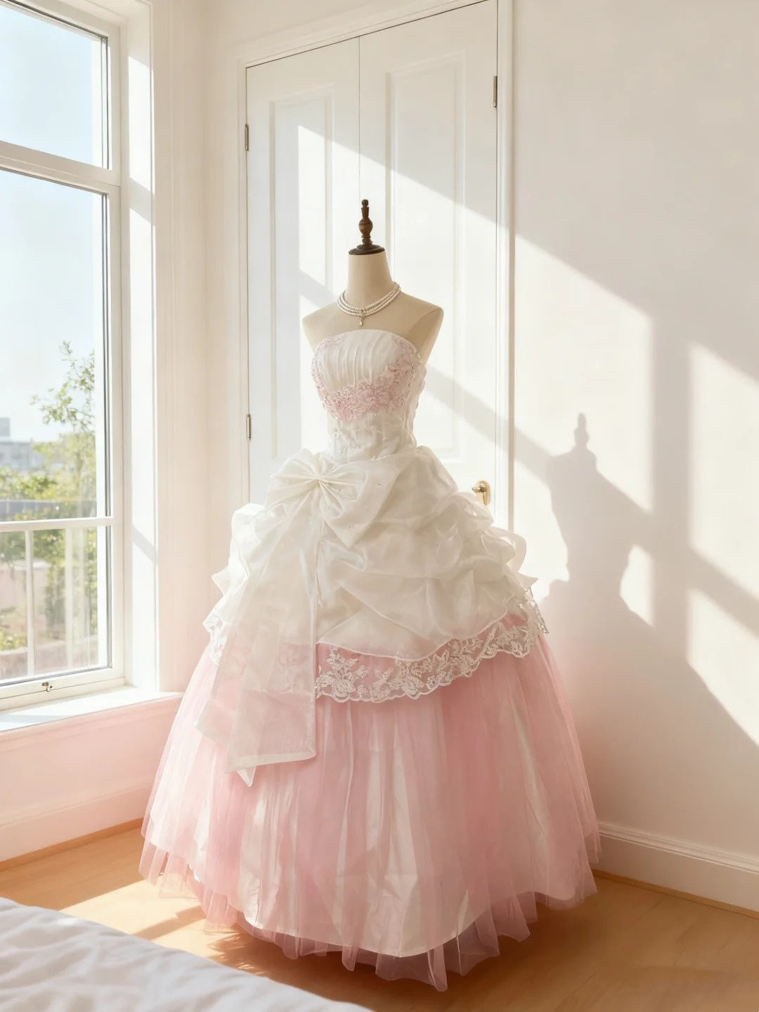 Wunderschönes Ballkleid, trägerlos, weiß-rosa, mit Spitze verziert und Applikationen, langes Sweet Sixteen Quinceanera Kleid, Prinzessinnenkleid RB4497
