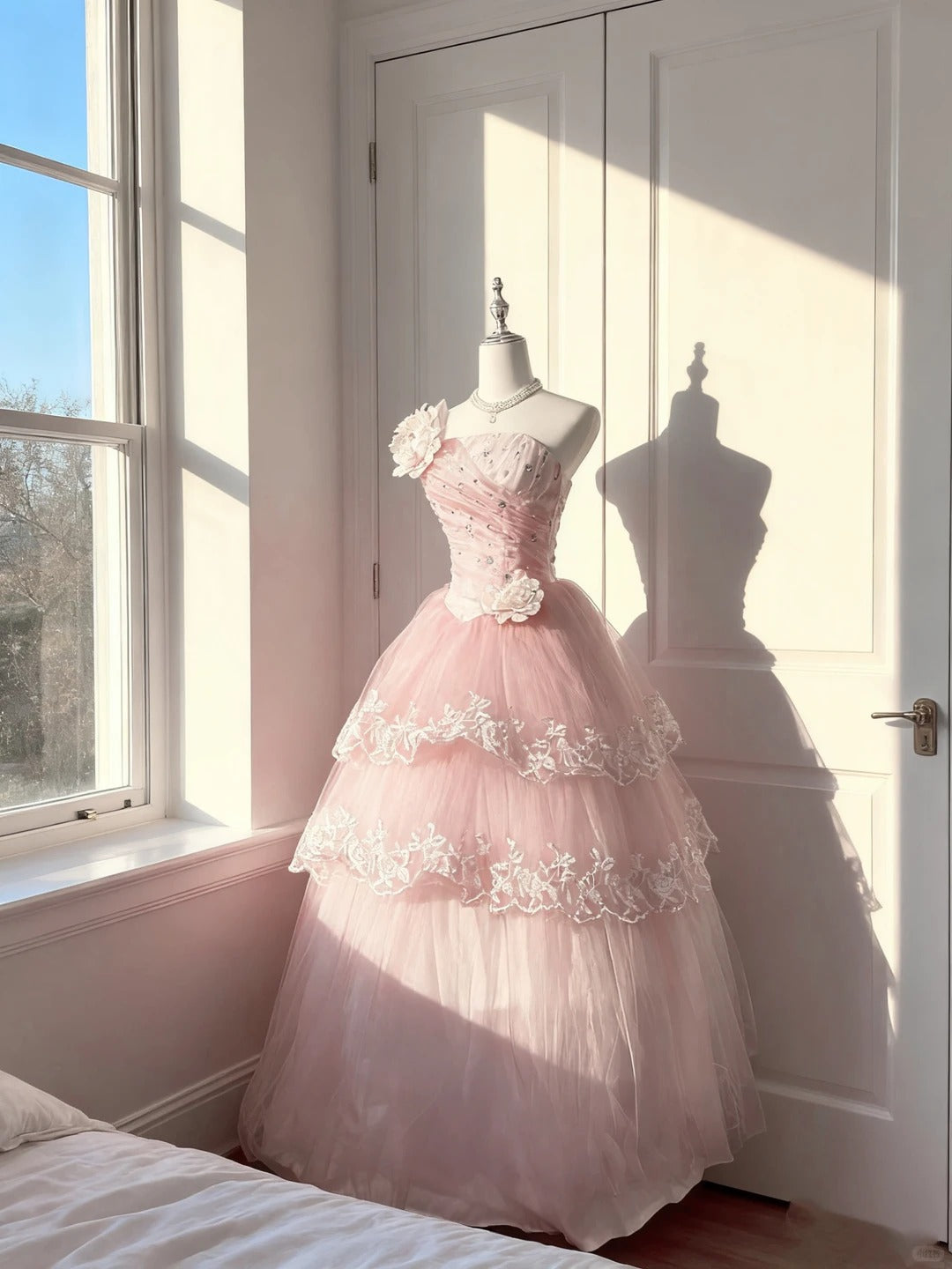 Elegantes Ballkleid, trägerlos, hellrosa mit Spitze, Quinceañera-Kleid, voluminös, lang, Sweet 16, Quinceañera-Kleider, Vestido de RB4498