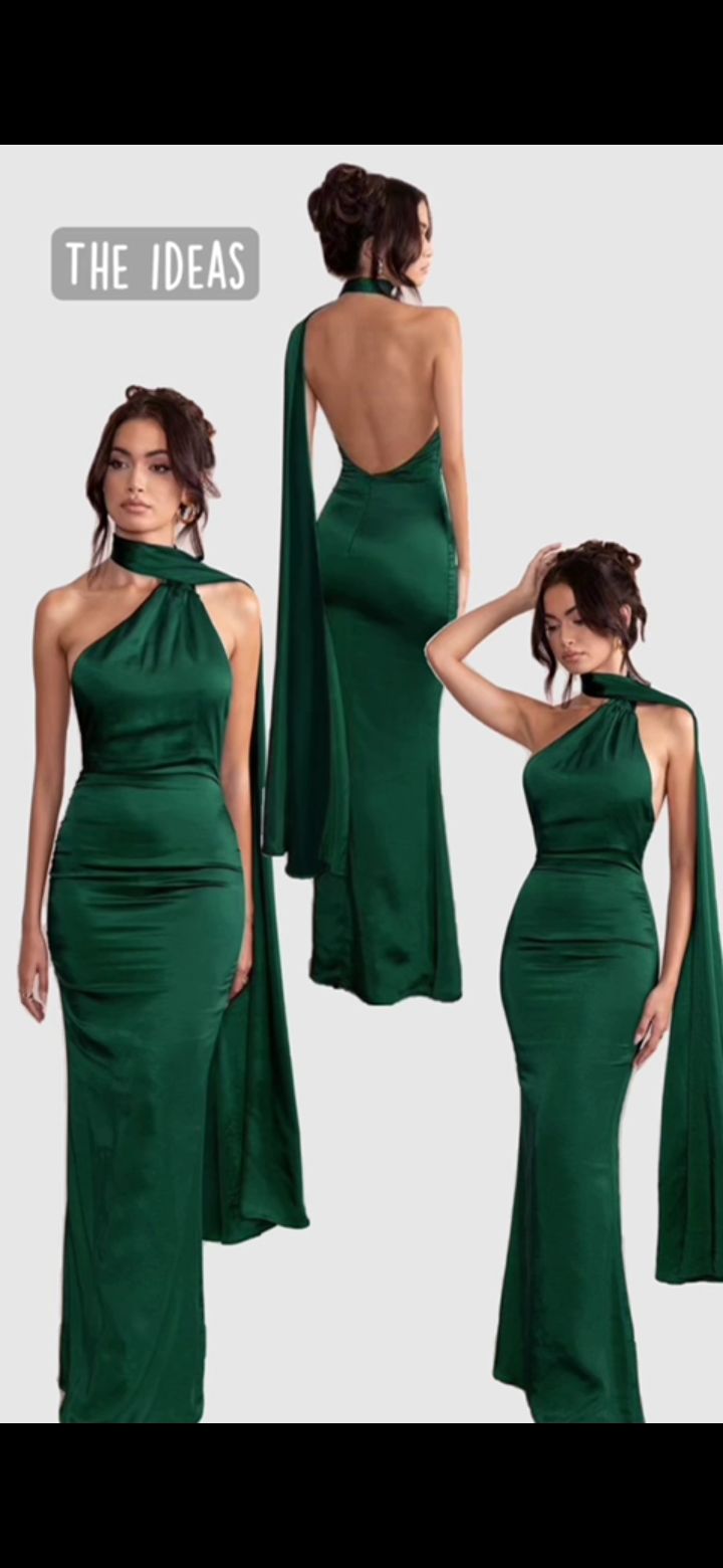 Robe de bal longue en satin vert foncé à dos nu et une épaule de sirène sexy N2679