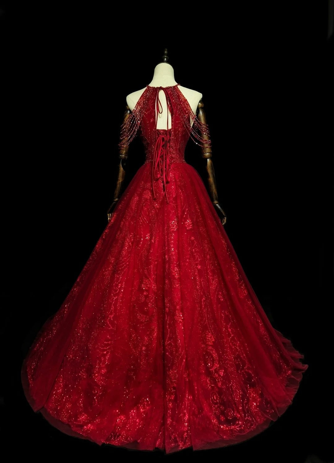 Elegantes, langes, rotes Tüll-Ballkleid mit Neckholder – ein formelles Outfit für College, Abschlussball und Schulabschluss für Teenager (N1372)