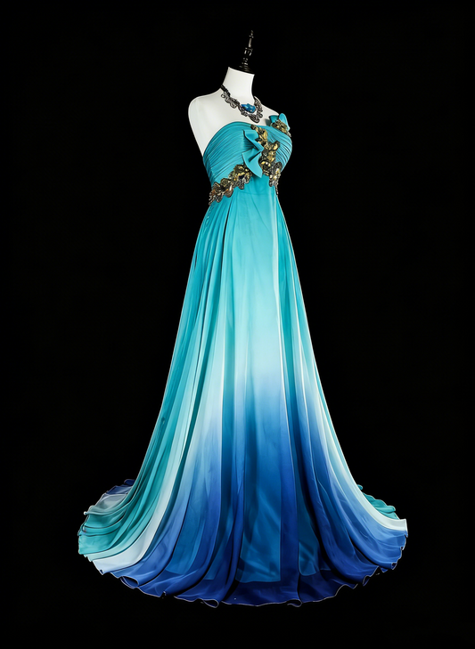 Vintage Prom Dresses Aesthetic 1950s Retro Classy Ombre Blue A Line Long With Beads N2006