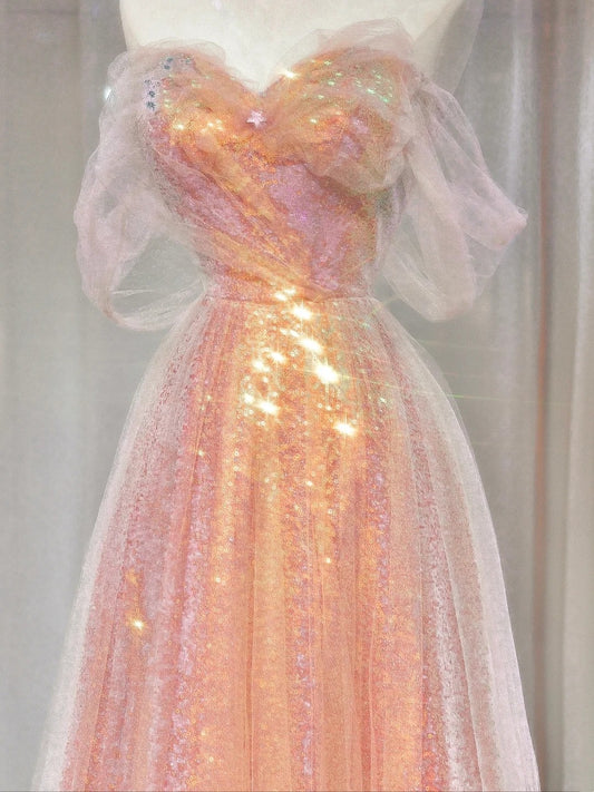 Gorgeous A line Off The Shoulder Pink Sequined With Short Sleeves Formal Evening Dress Gowns Long Prom Dresses N721