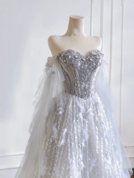 Timeless Ball Gown Sweetheart Silver Sequin With Beaded Feathers Long Prom Dresses Inspiration Party Dress Prom Gowns N306