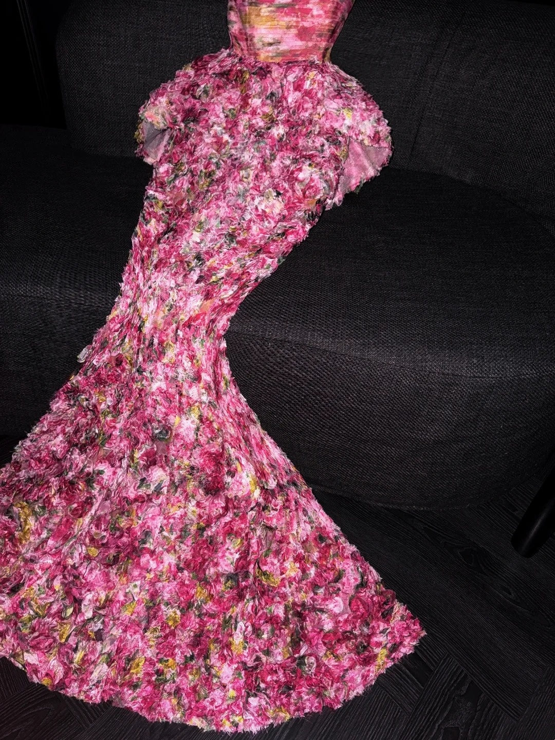 Robe de bal de fin d'année sirène élégante, sans bretelles, rose à fleurs, N1264